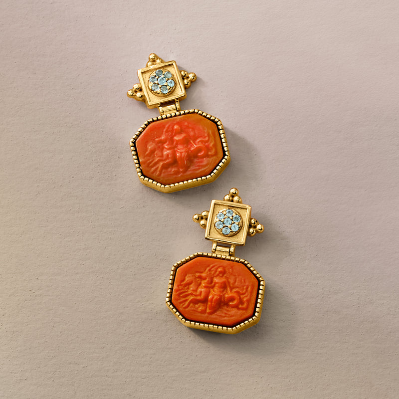 Gold-tone drop earrings with red cameo panels and blue crystal halo details