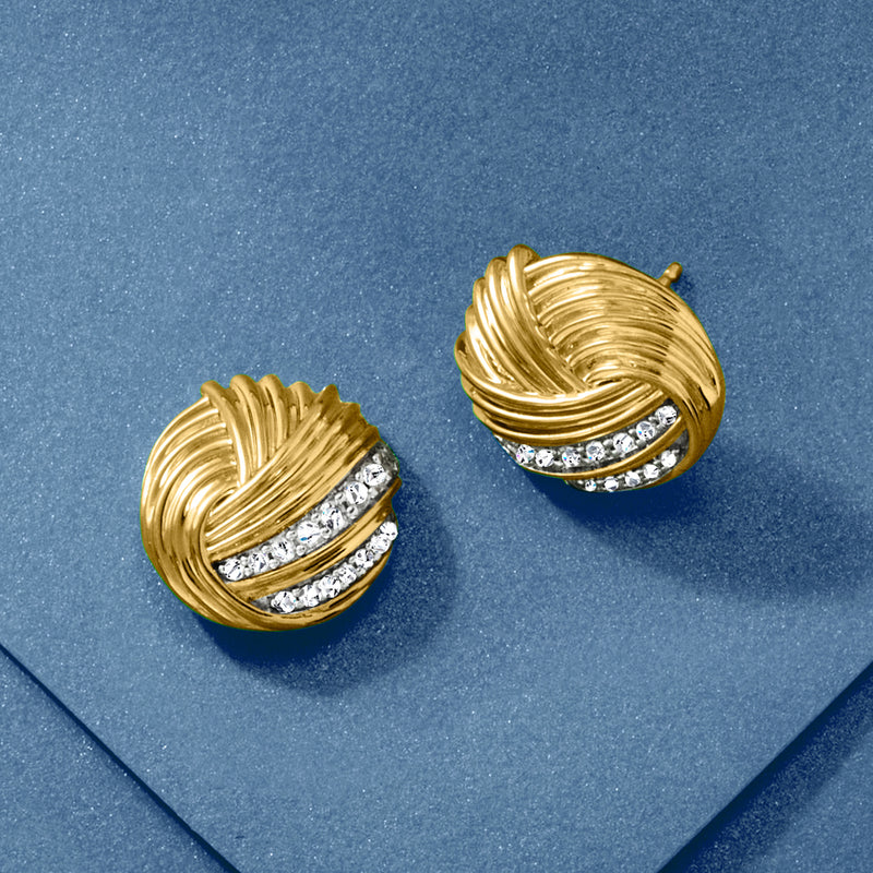Diamond knot post earrings in gold over sterling with pavé diamonds