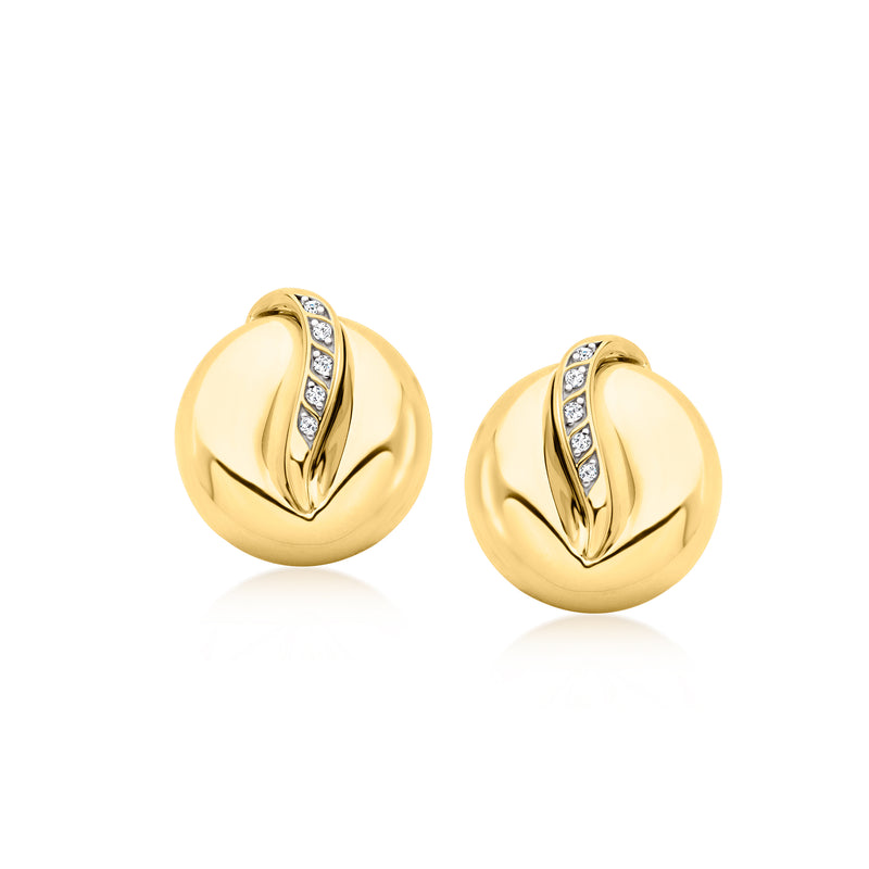 Round gold hoop-style stud earrings with diamond swirl accents, post backs