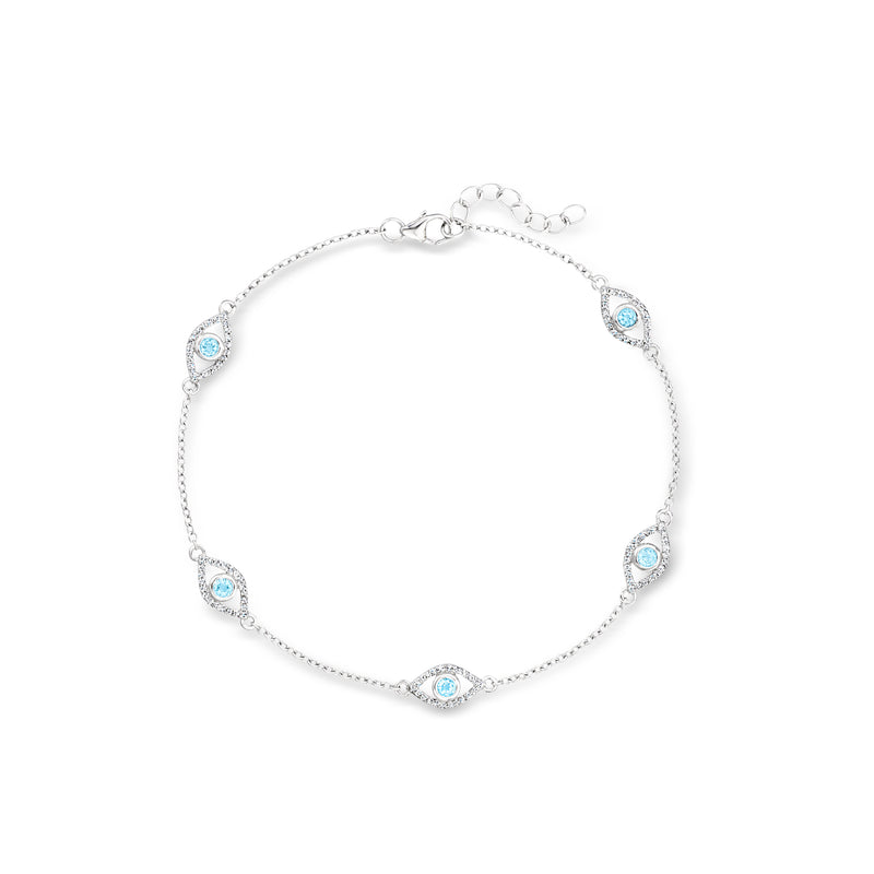 Sterling silver evil eye topaz station anklet with blue circular charms