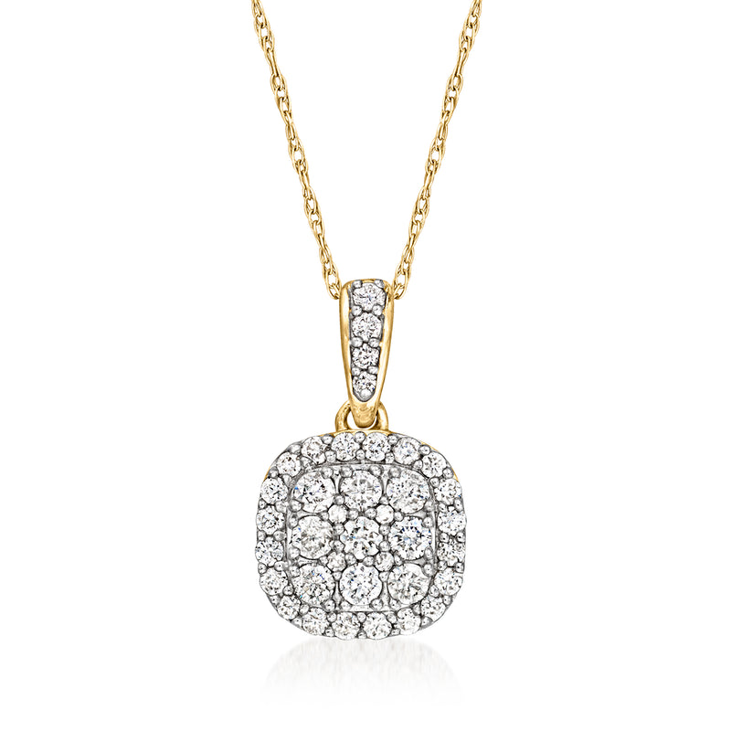 Vintage 14kt yellow gold diamond cluster pendant necklace, round halo pendant