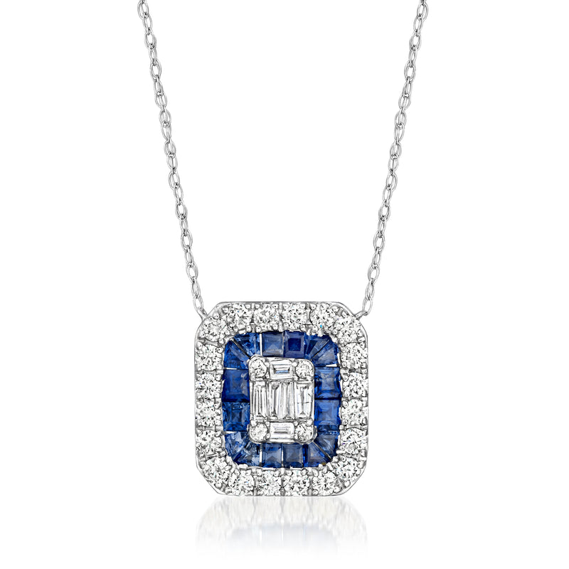 Vintage sapphire and diamond pendant necklace in 14kt white gold, square blue center halo