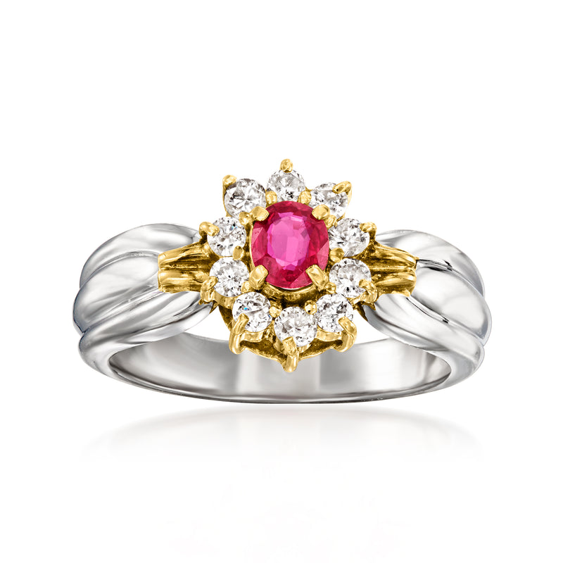 Vintage ruby and diamond cluster ring in platinum with 18kt yellow gold prongs