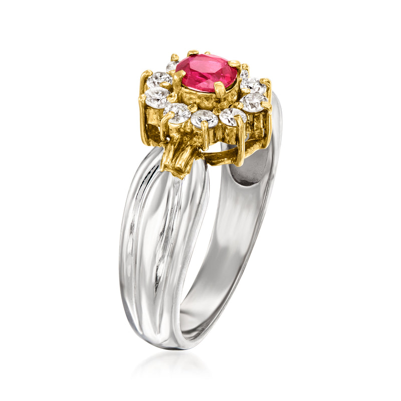 Ruby center stone with diamond halo ring, platinum band and yellow-gold side prongs