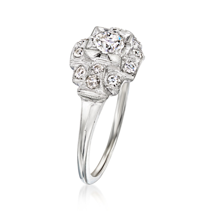 Vintage 14kt white gold diamond ring, round center stone in square halo setting