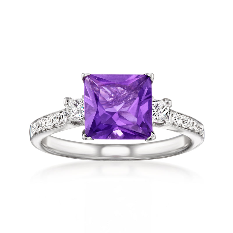 Vintage amethyst and diamond ring in 18kt white gold, square purple gemstone center