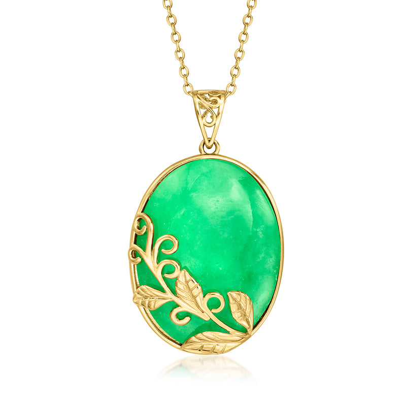 Gold pendant necklace with oval green jade and vine leaf setting