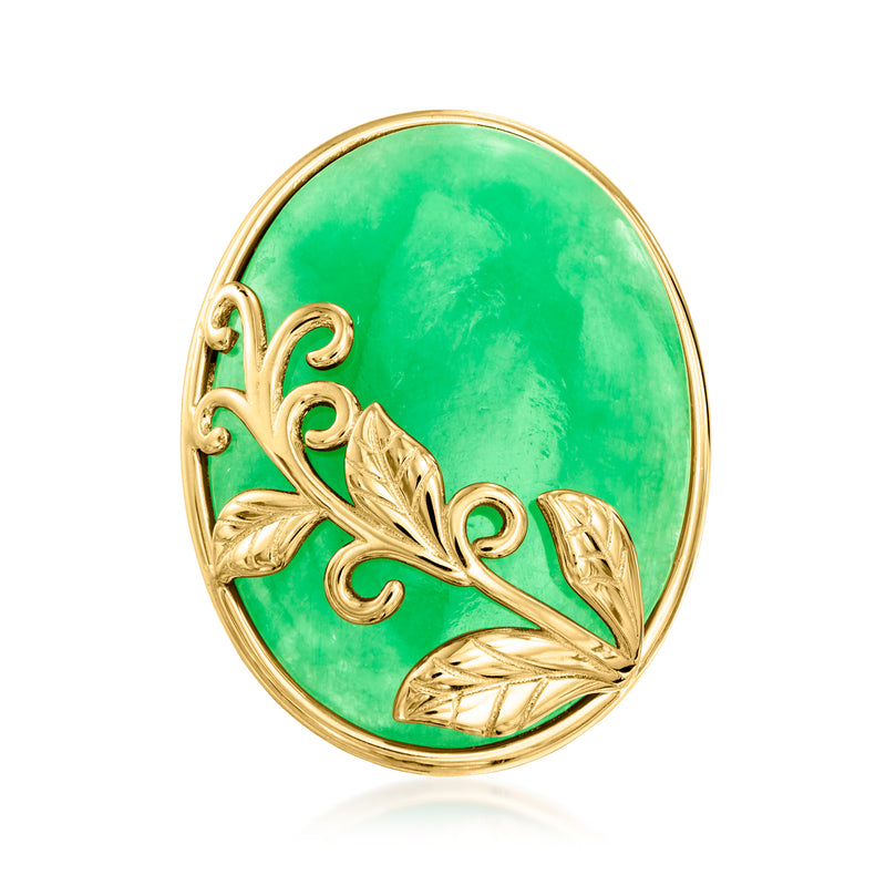 Gold oval jade-look ring with vine-and-leaf filigree, green cabochon center.