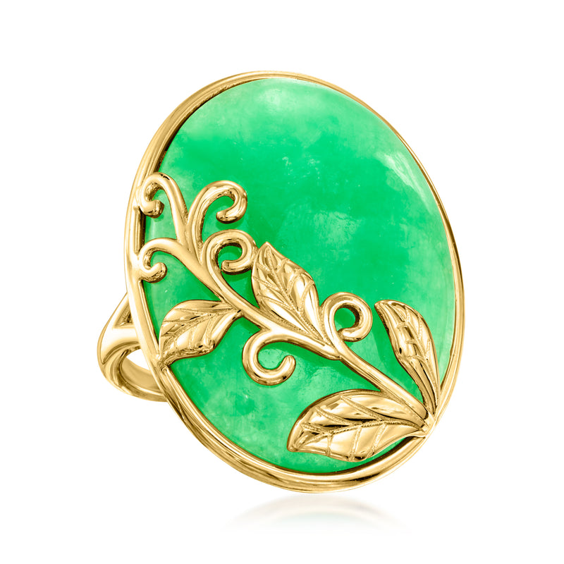 Gold vine ring with green oval cabochon and leaf motifs, viewed at an angle.