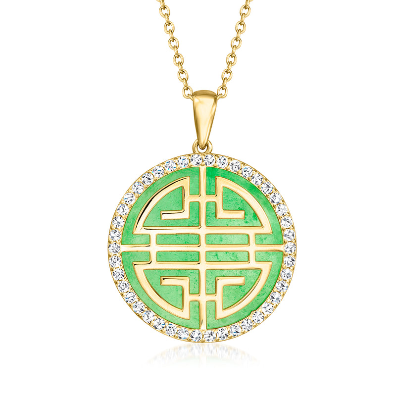 Round jade green Double Happiness pendant necklace in gold-tone with white zircon border.