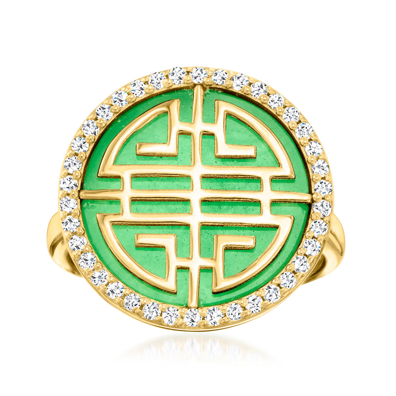 18kt gold over sterling ring with green enamel double happiness motif and white stone border