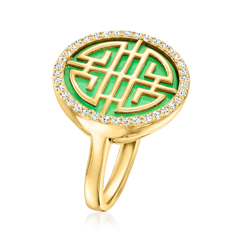 Gold-tone ring with round green enamel lattice center and white stone halo, side view