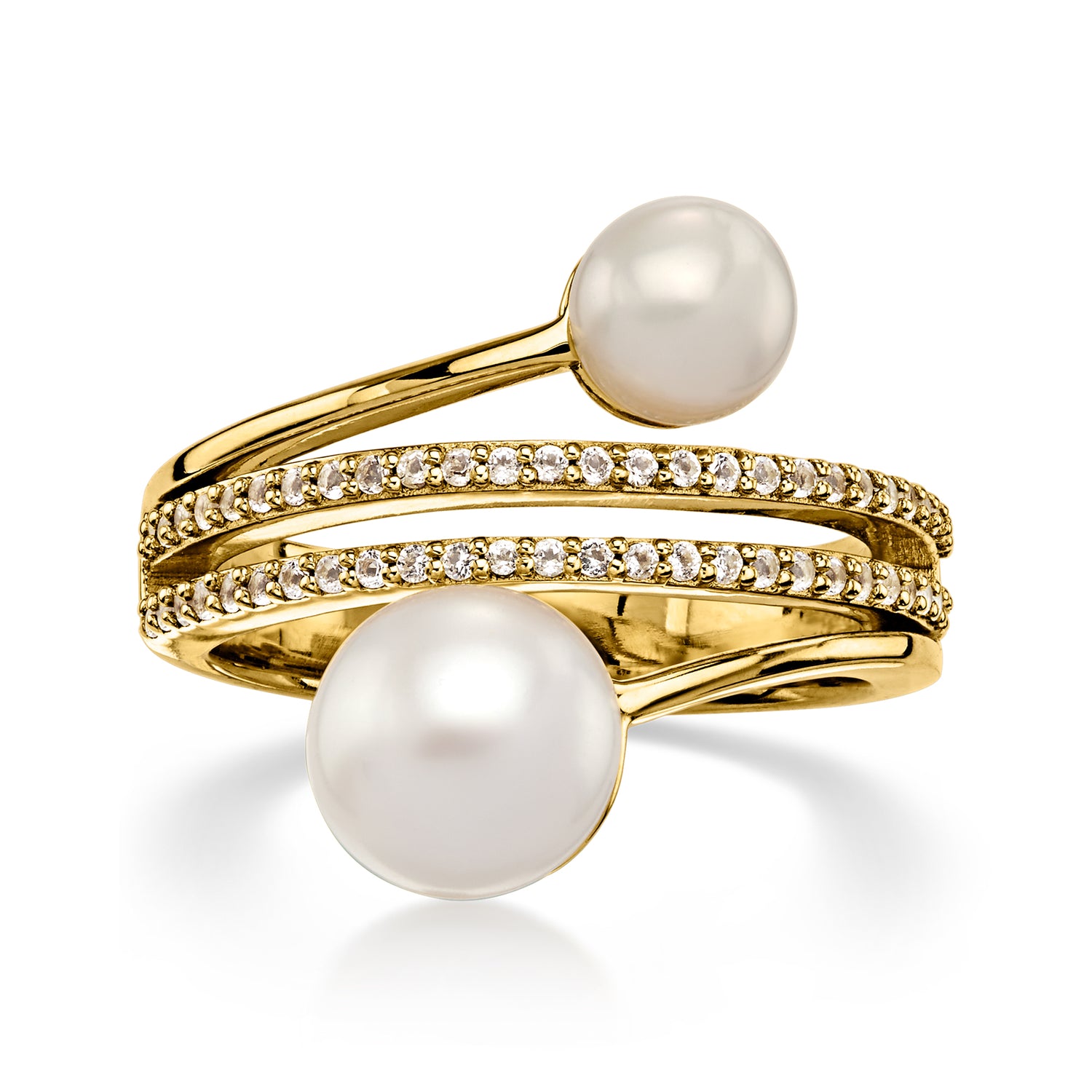5.5-8mm Cultured Pearl and .20 ct. t.w. White Topaz Bypass Ring in 18kt Gold Over Sterling