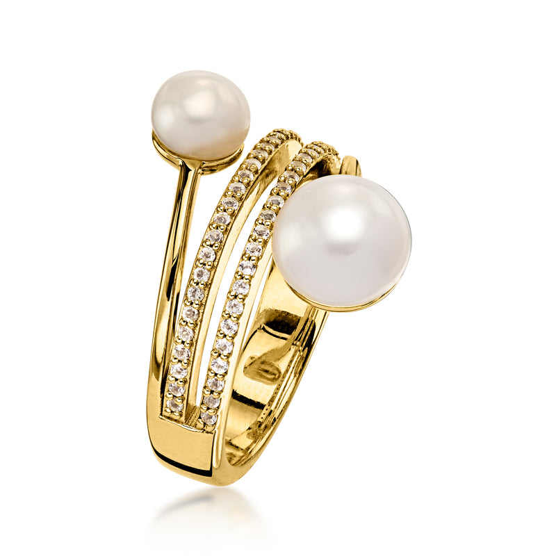 5.5-8mm Cultured Pearl and .20 ct. t.w. White Topaz Bypass Ring in 18kt Gold Over Sterling