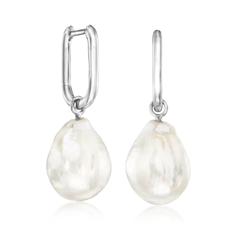 Sterling silver hoop earrings with teardrop cultured baroque pearl drops, hinged loops