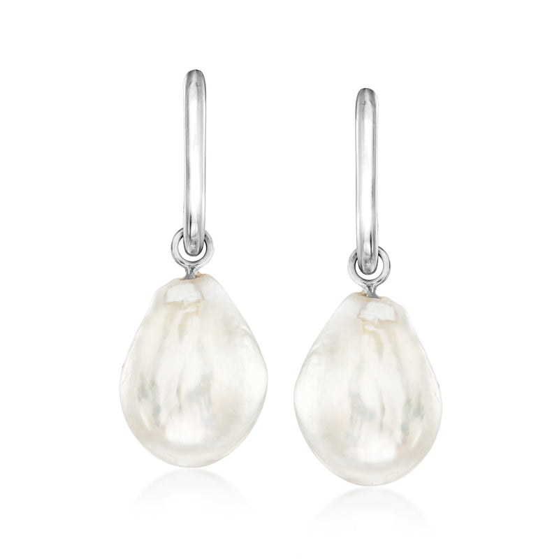 Sterling silver hoop earrings with cultured baroque pearl teardrop drops on hooks