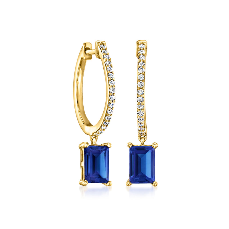 18kt gold over sterling hoop drop earrings with blue sapphire and diamond accents