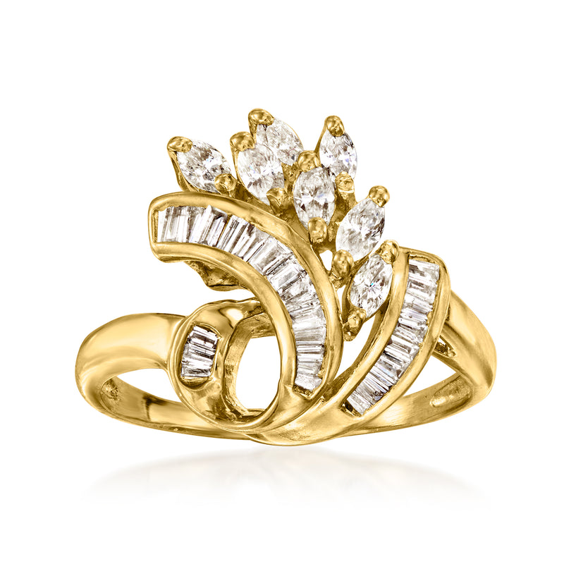 Vintage 14kt yellow gold diamond cluster ring with pear-shaped and baguette stones