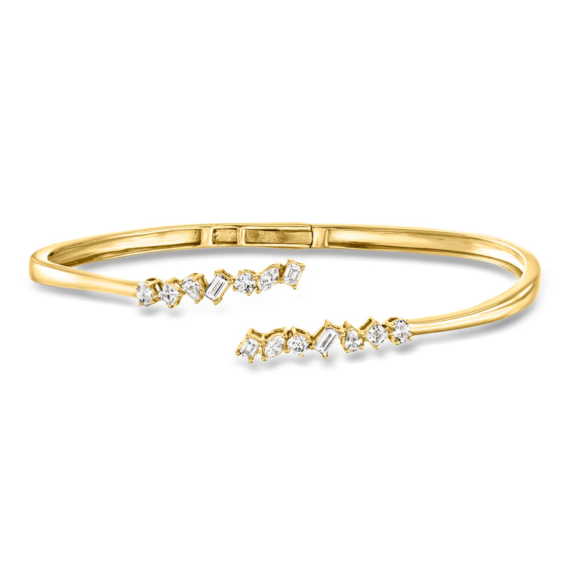 Gold cuff bracelet with lab-grown diamond chevron row, open bangle style with hinge