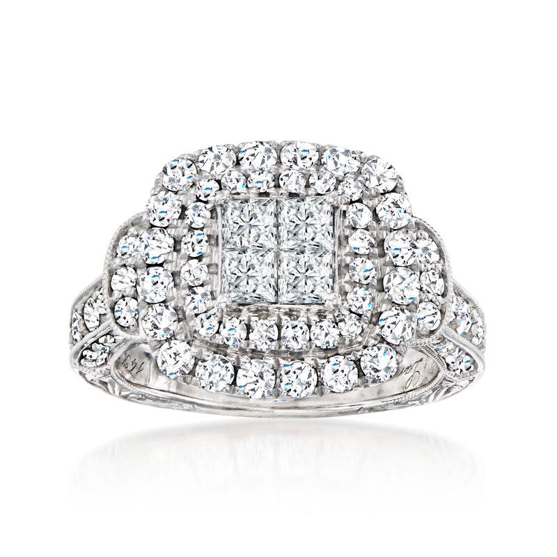 14kt white gold diamond cluster ring with emerald-cut center and round side stones