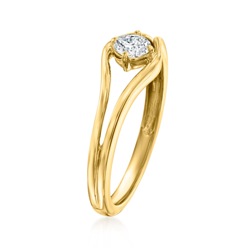 Open gold vermeil ring with round diamond in prong setting, curved split band