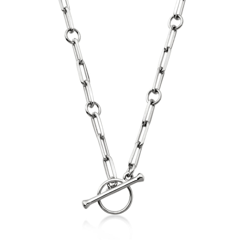 Sterling silver charm link toggle necklace closeup of chain links and oval toggle clasp