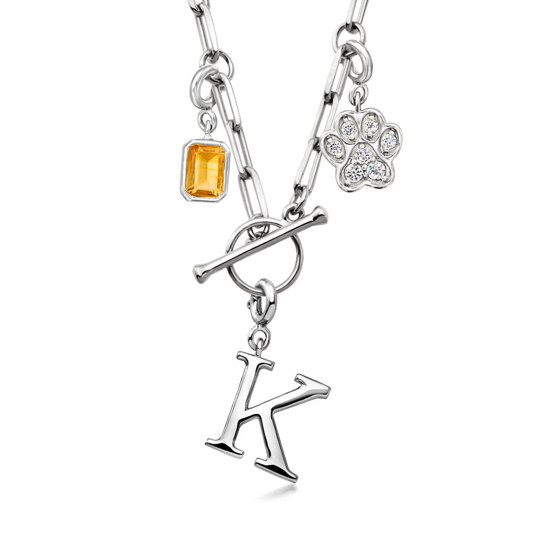 Sterling silver charm link toggle necklace with orange square charm, paw print charm, and K charm