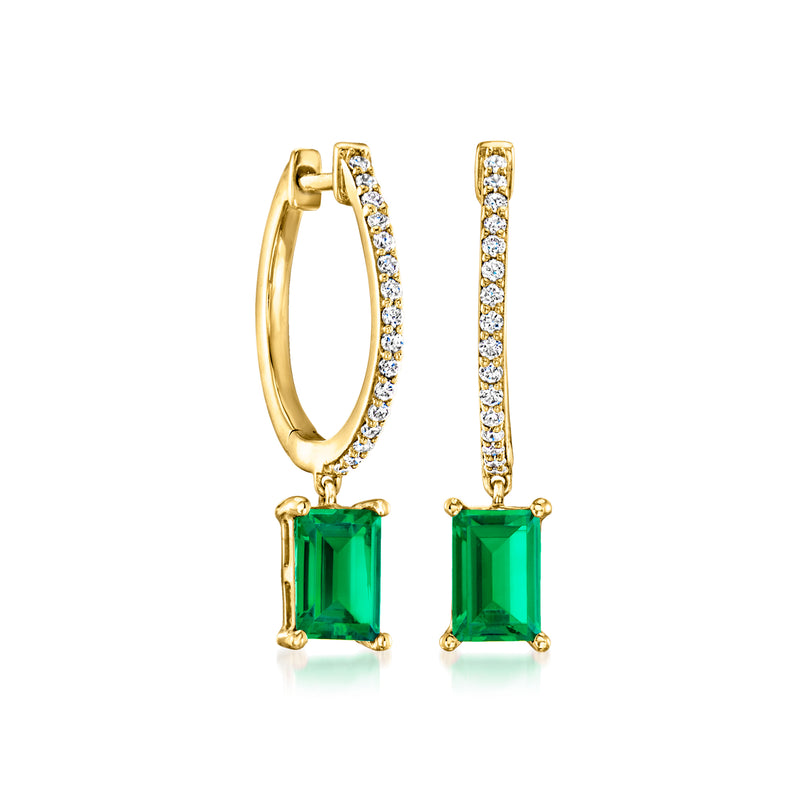 Gold hoop drop earrings with emerald and diamond accents
