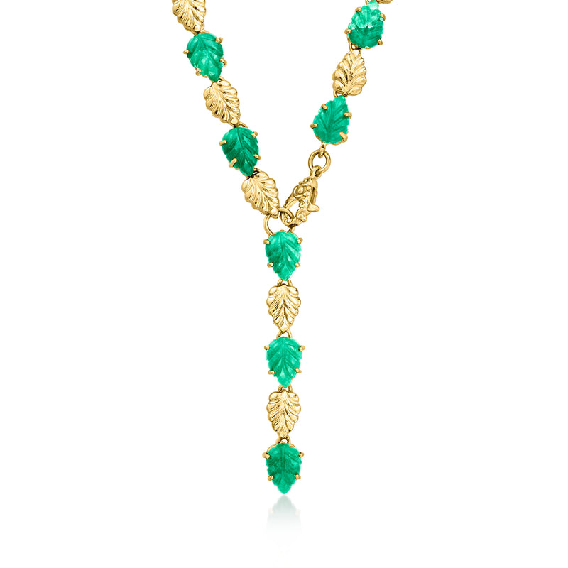 Emerald green leaf necklace with gold over sterling chain and teardrop stones