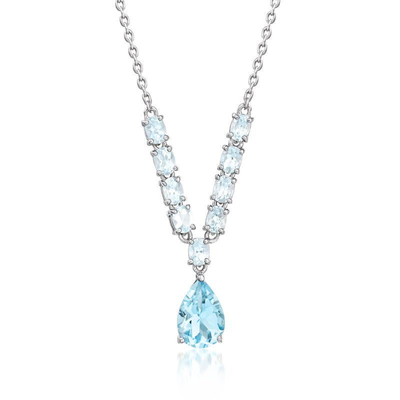 Sterling silver Y-necklace with light blue gemstone accents and teardrop pendant