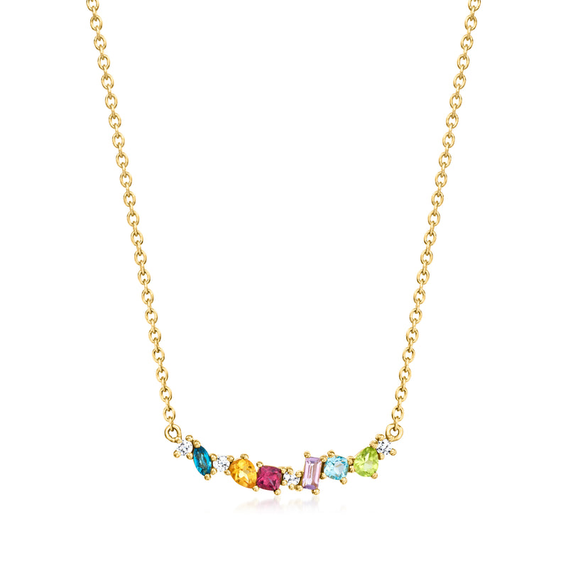 Gold necklace with multicolor gemstone bar and small clear round stones