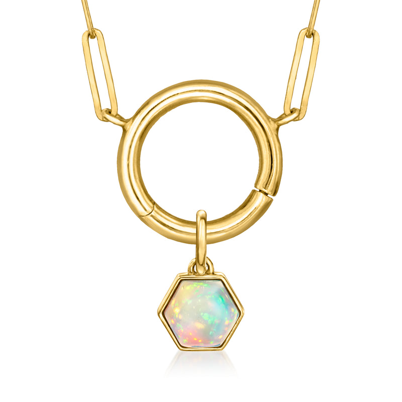 14kt yellow gold ring-and-drop geometric charm with hexagon opal pendant