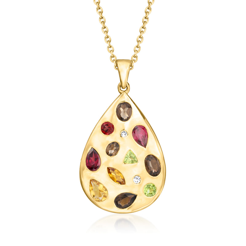 Gold teardrop pendant necklace with multicolor gemstone accents and lab-grown diamond points