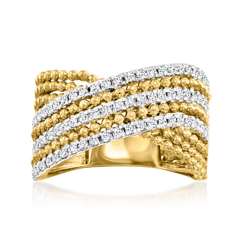 Diamond beaded crisscross ring in 18kt gold over sterling