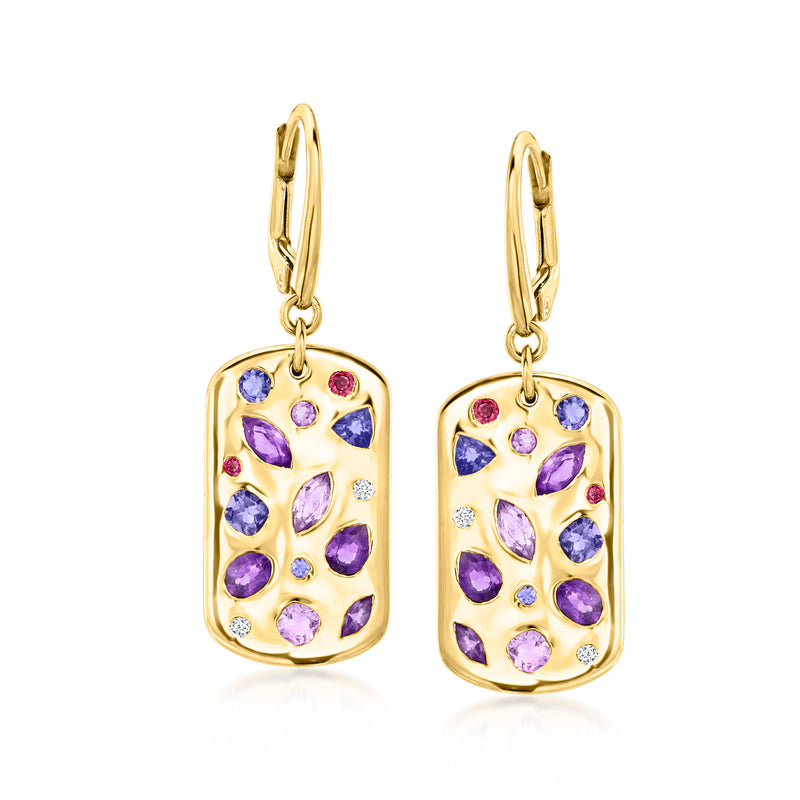 Gold leverback drop earrings with purple and clear gemstone scatter, rectangular tag shapes