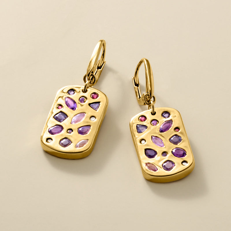 Gold leverback drop earrings with rectangular tag frames and scattered purple faceted stones