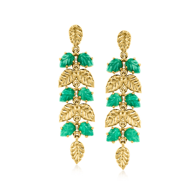 Gold leaf drop earrings with green gemstone drops, 3-tier design