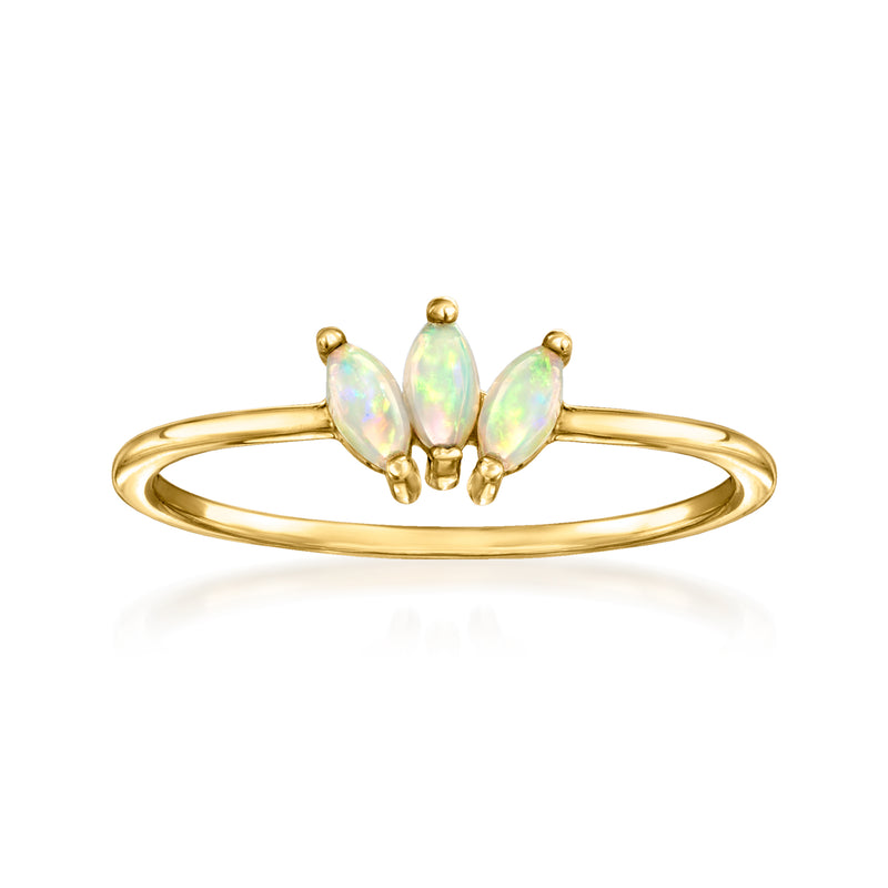 14kt yellow gold three-stone opal ring with lotus setting and oval opal center