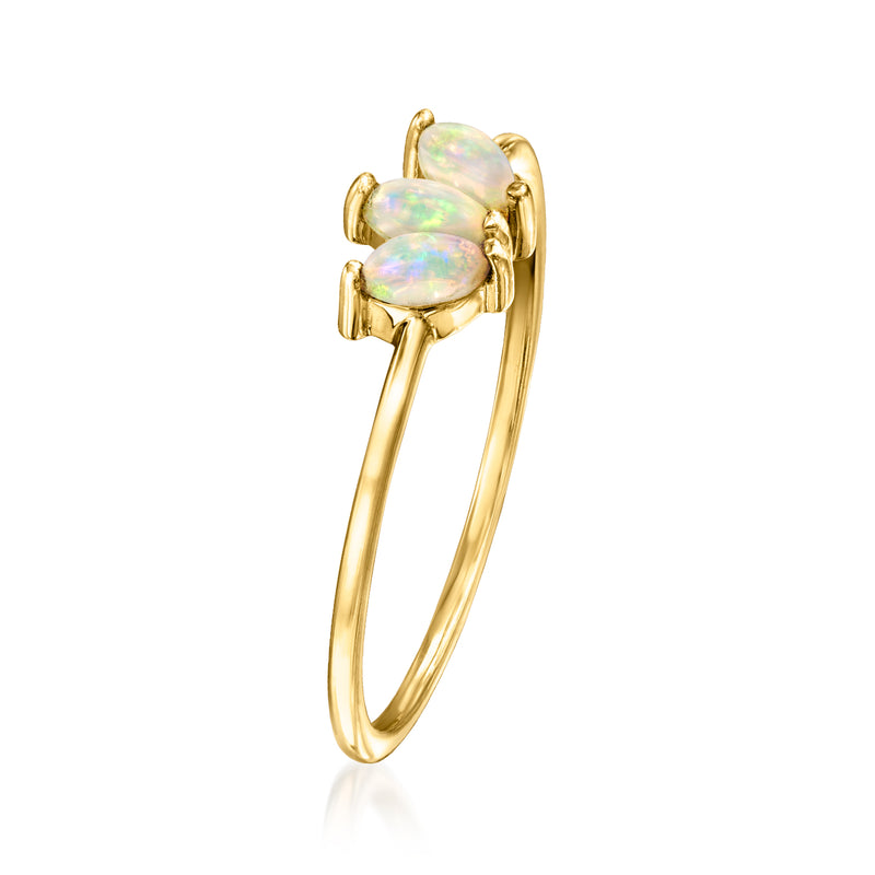 14kt yellow gold three-stone opal lotus ring, oval stones in raised setting