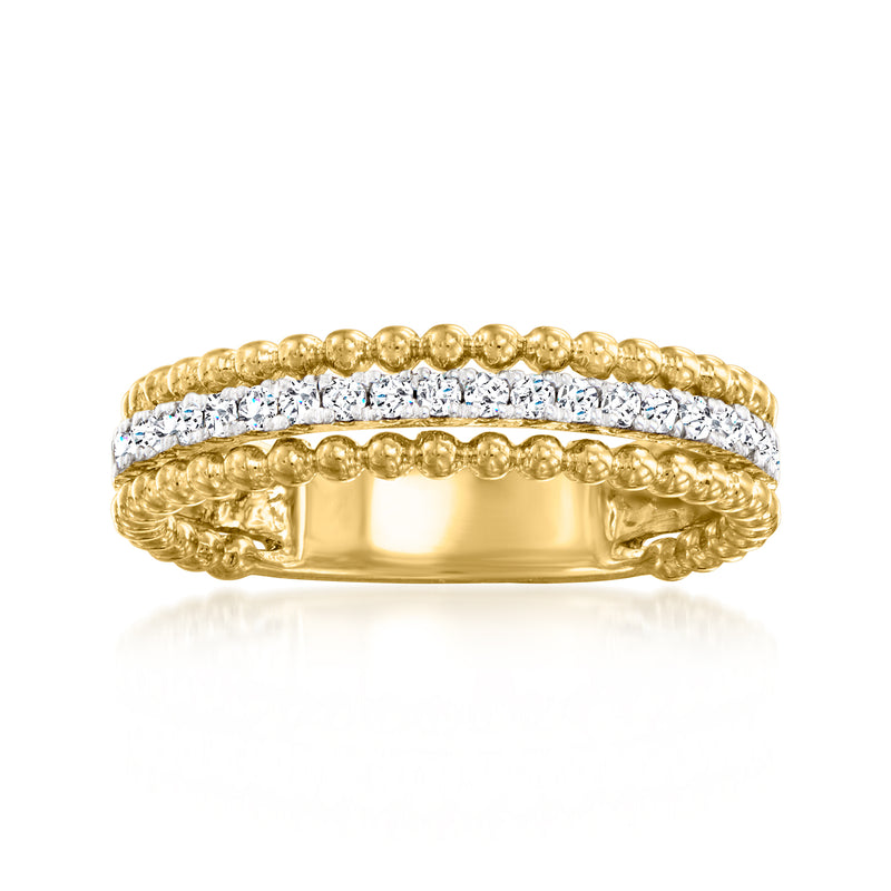 Three-row beaded diamond ring in gold over sterling with alternating gold and clear stones