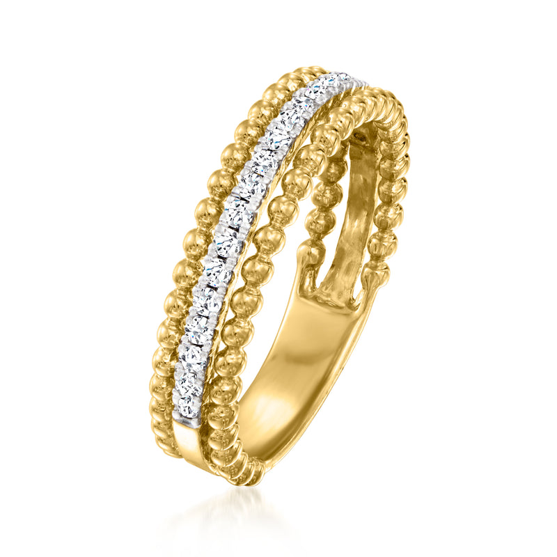 Three-row beaded diamond ring in gold over sterling, side view with clear stone row
