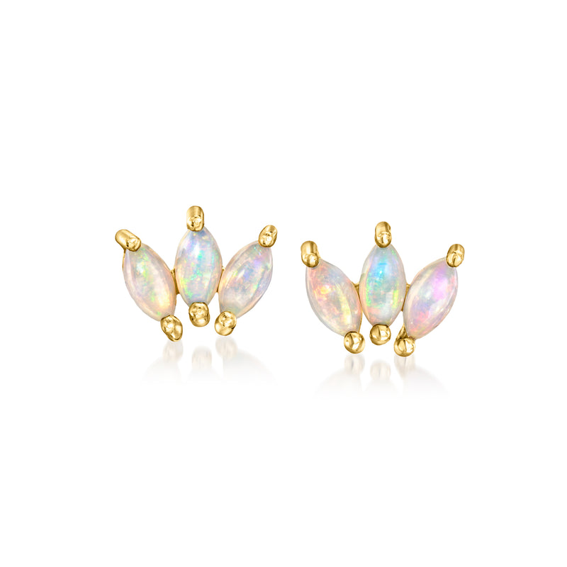 Opal three-stone lotus stud earrings in yellow gold