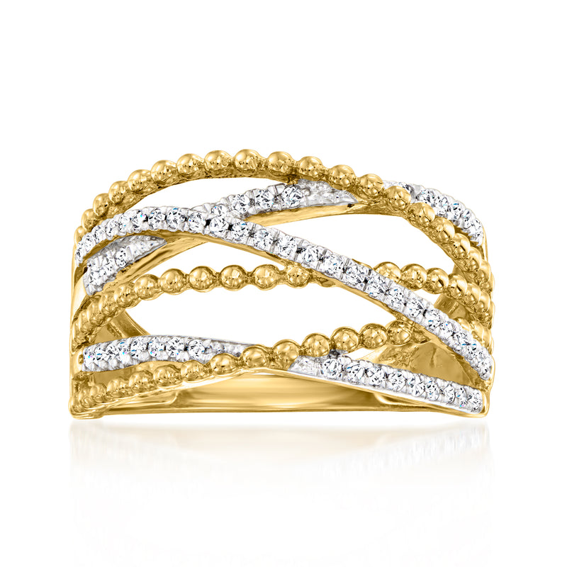 Diamond beaded highway ring in 18kt gold over sterling with crisscross diamond and gold bands