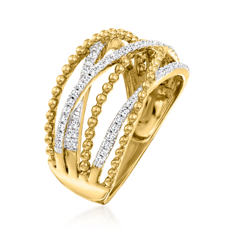 Diamond beaded highway ring in 18kt gold over sterling with pavé diamond and bead bands