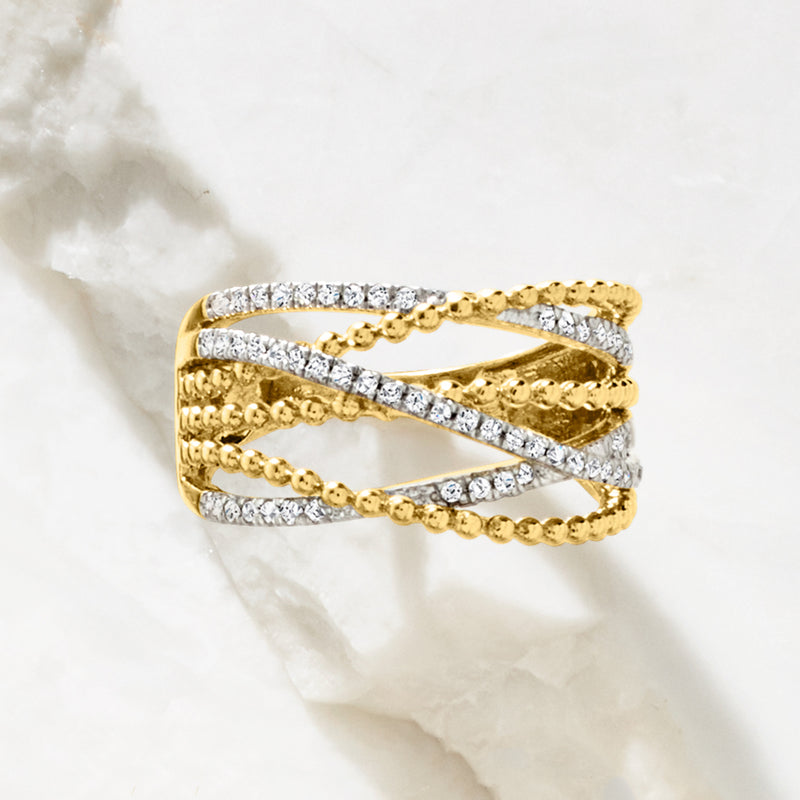 Beaded diamond crossover ring in 18kt gold over sterling