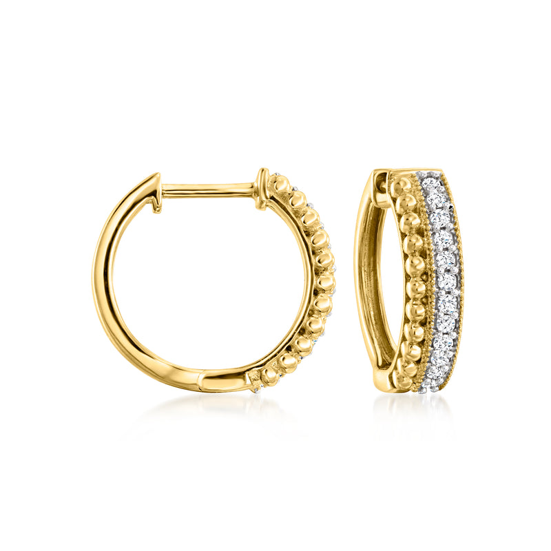 Gold hoop earrings with double-row beaded trim and diamond accents