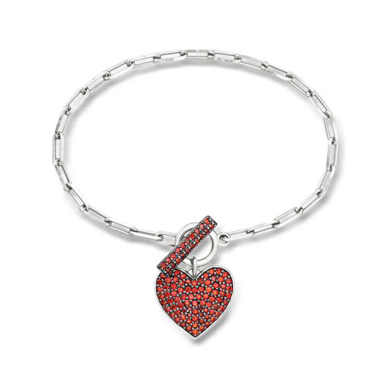 Sterling silver paper clip link toggle bracelet with garnet heart charm