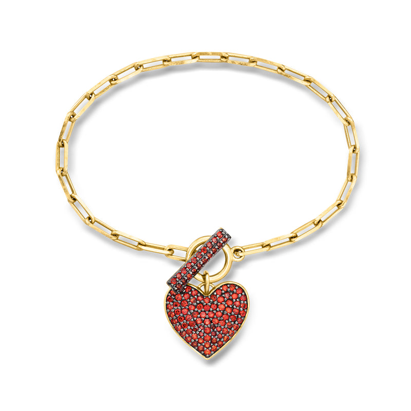 Gold-over-sterling paper clip link bracelet with garnet heart toggle