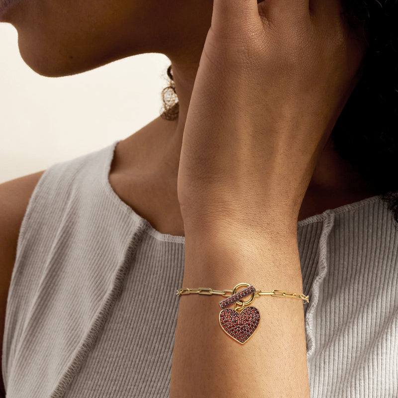 Garnet heart paper clip link toggle bracelet in gold over sterling
