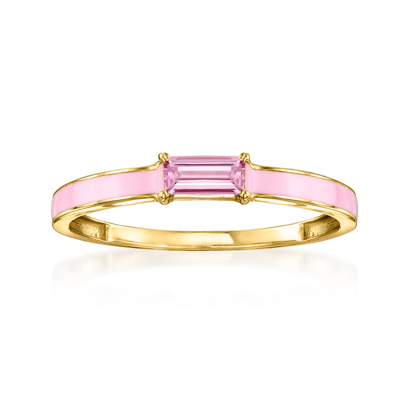 14kt yellow gold ring with pink enamel band and square pink gemstone center